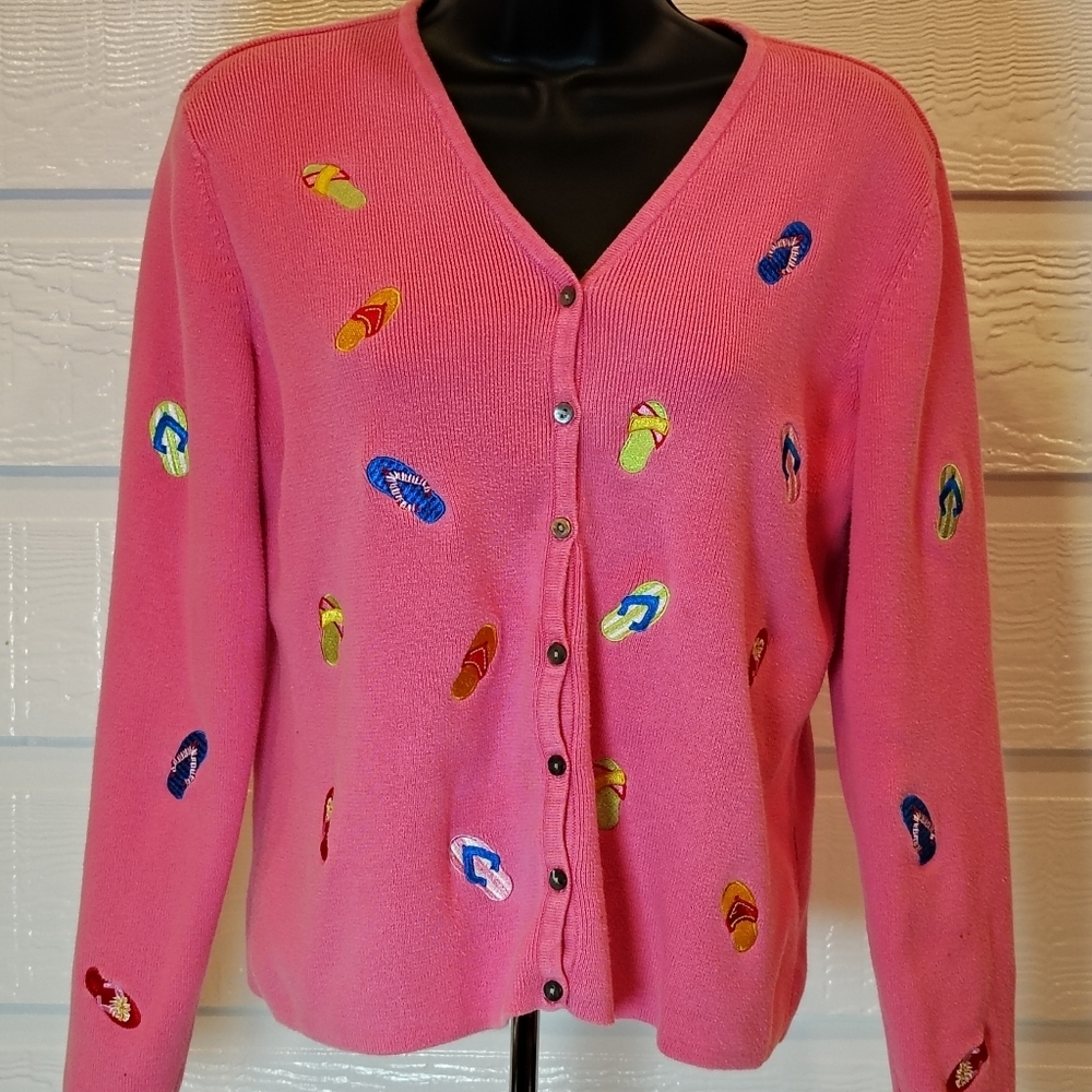CAROLE LITTLE WOMENS MEDIUM EMBROIDERED PINK FLIP FLOP CARDIGAN 100% COTTON